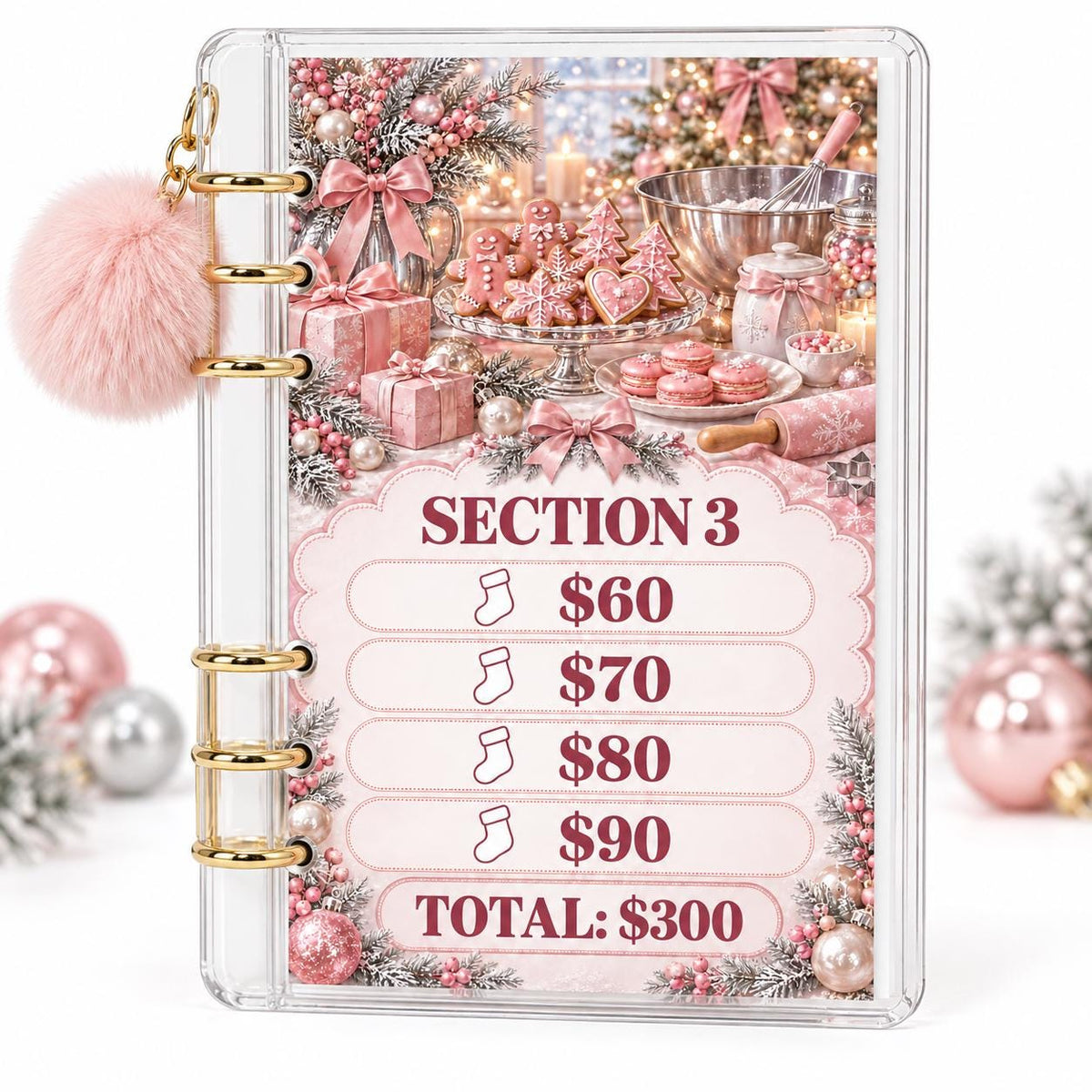 Pink Christmas 2K Savings Challenge A6 Acrylic Budget Binder With Pom Pom