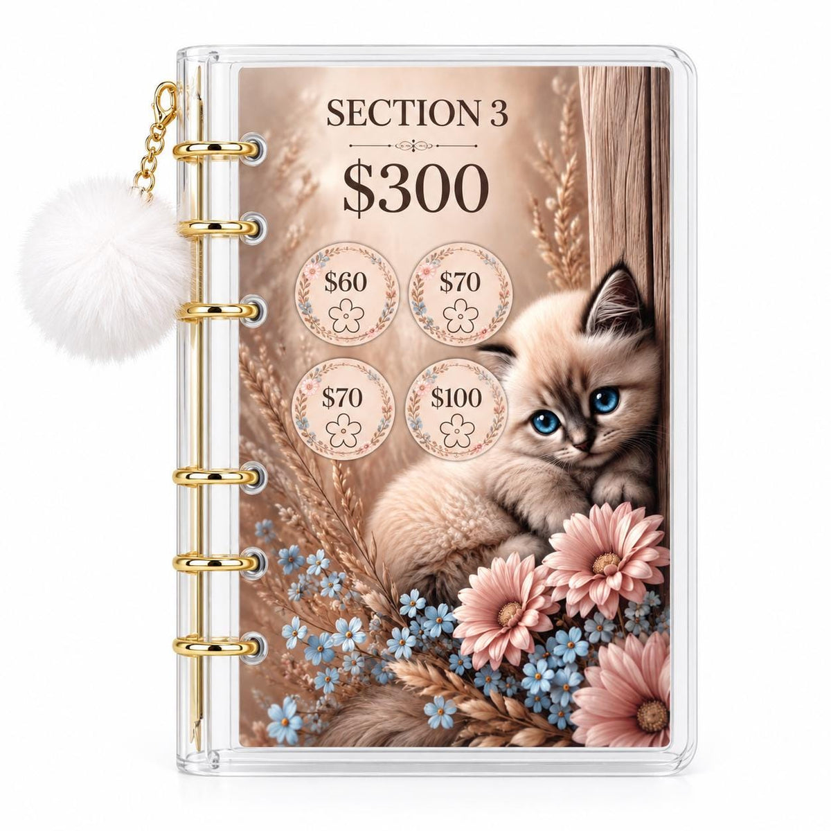 White Kitten 1K Savings Challenge A6 Acrylic Binder Budget Bundle: Physical Product for Saving 1000 Dollars