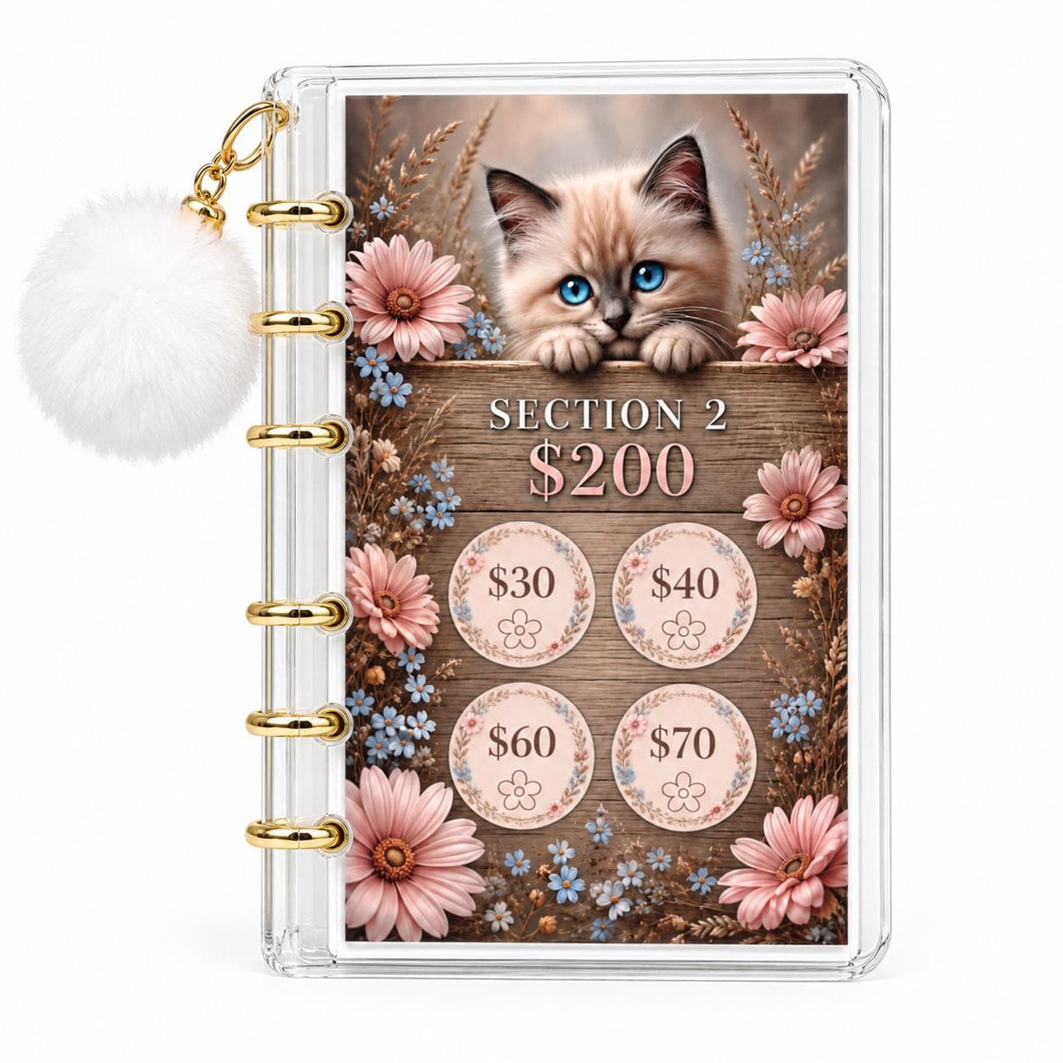 White Kitten 1K Savings Challenge A6 Acrylic Binder Budget Bundle: Physical Product for Saving 1000 Dollars