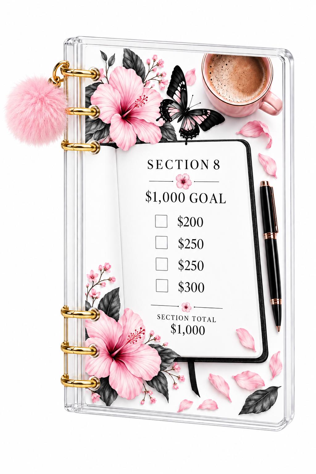 Pink Butterfly A6 Binder: Floral Savings Challenge
