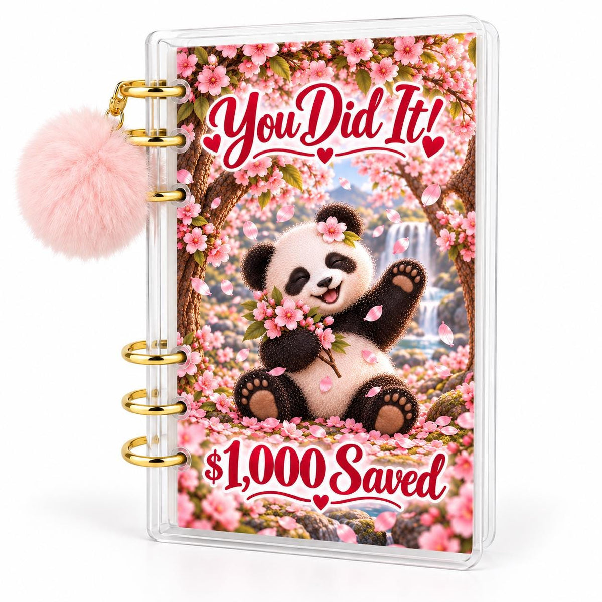 Panda 1K Savings Challenge A6 Cash Binder With Pink Pom Pom: Cherry Blossom Theme
