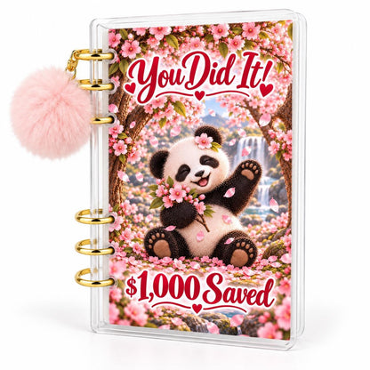 Panda 1K Savings Challenge A6 Cash Binder With Pink Pom Pom: Cherry Blossom Theme