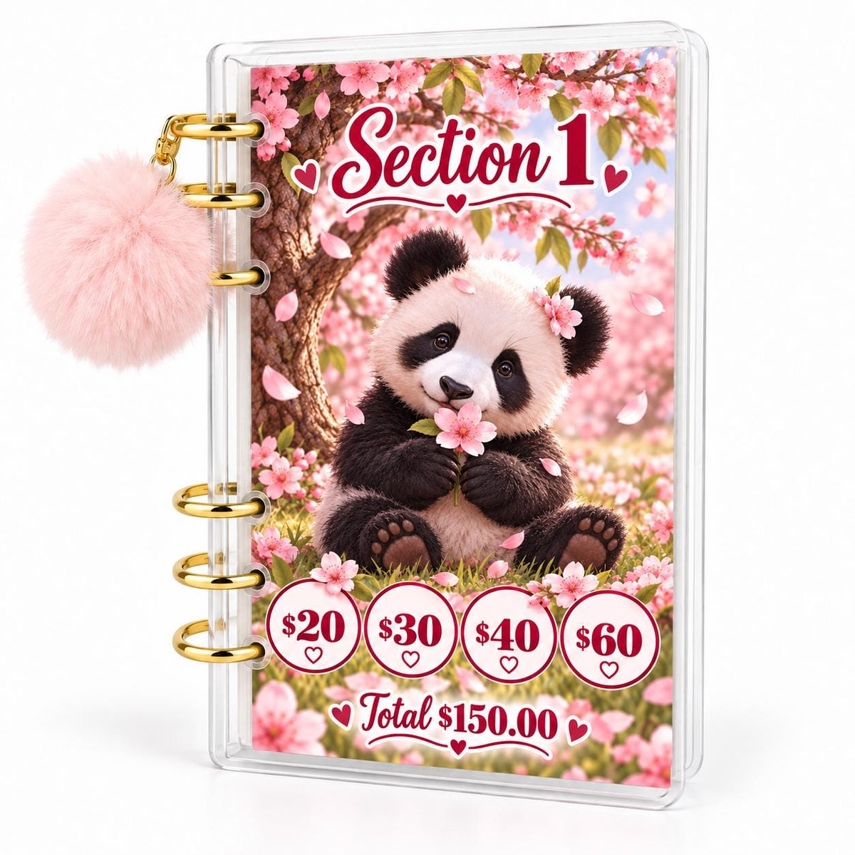 Panda 1K Savings Challenge A6 Cash Binder With Pink Pom Pom: Cherry Blossom Theme