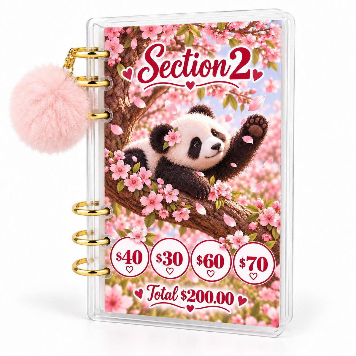 Panda 1K Savings Challenge A6 Cash Binder With Pink Pom Pom: Cherry Blossom Theme