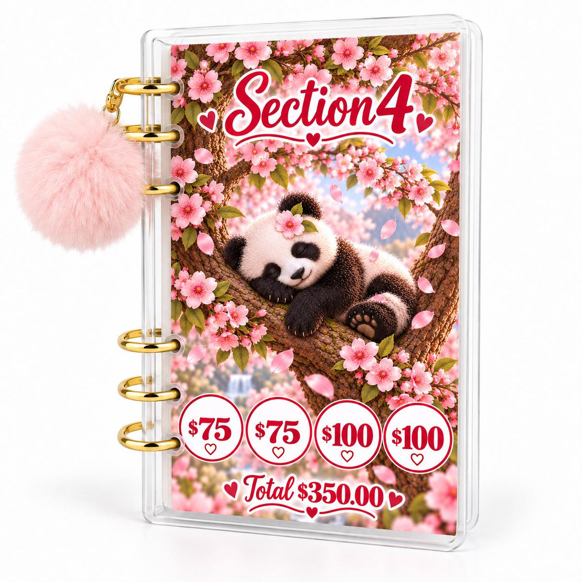 Panda 1K Savings Challenge A6 Cash Binder With Pink Pom Pom: Cherry Blossom Theme