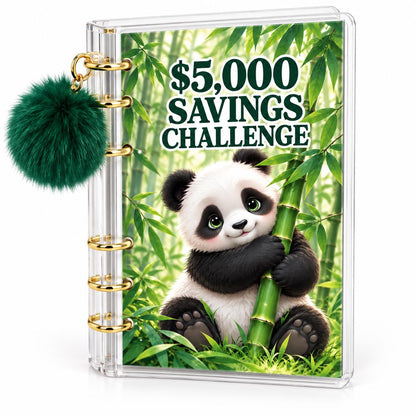 Panda 5000 Savings Challenge A6 Cash Binder with Green Pom Pom