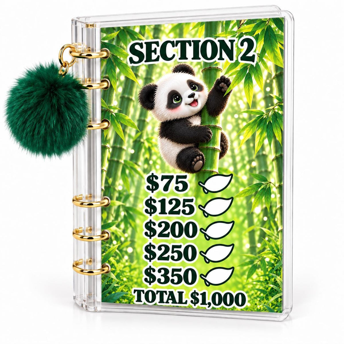Panda 5000 Savings Challenge A6 Cash Binder with Green Pom Pom