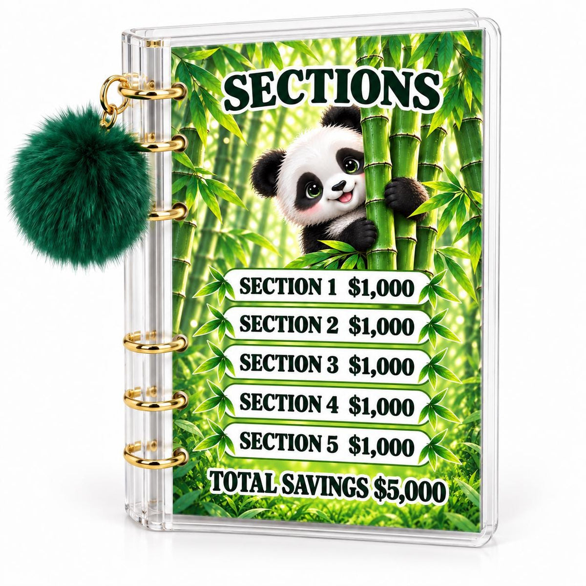 Panda 5000 Savings Challenge A6 Cash Binder with Green Pom Pom