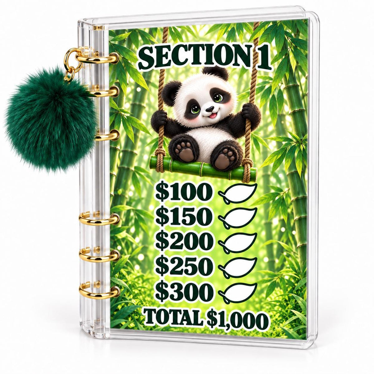 Panda 5000 Savings Challenge A6 Cash Binder with Green Pom Pom