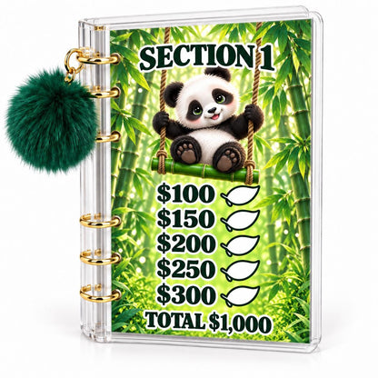 Panda 5000 Savings Challenge A6 Cash Binder with Green Pom Pom