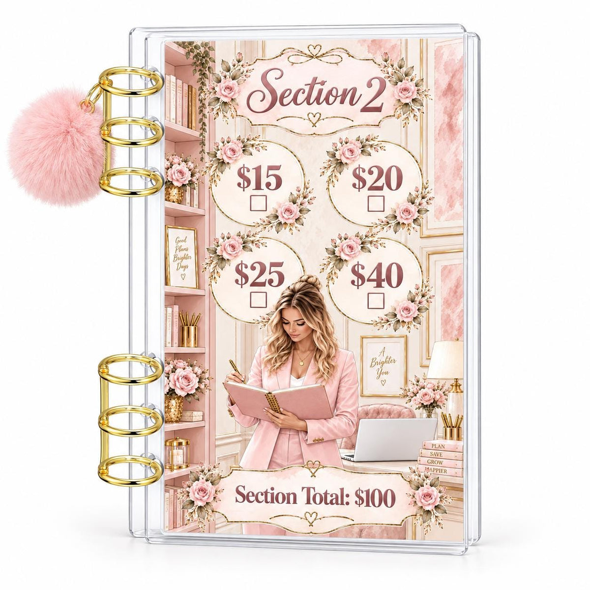 1K Savings Challenge A6 Cash Binder with Pink Pom-Pom