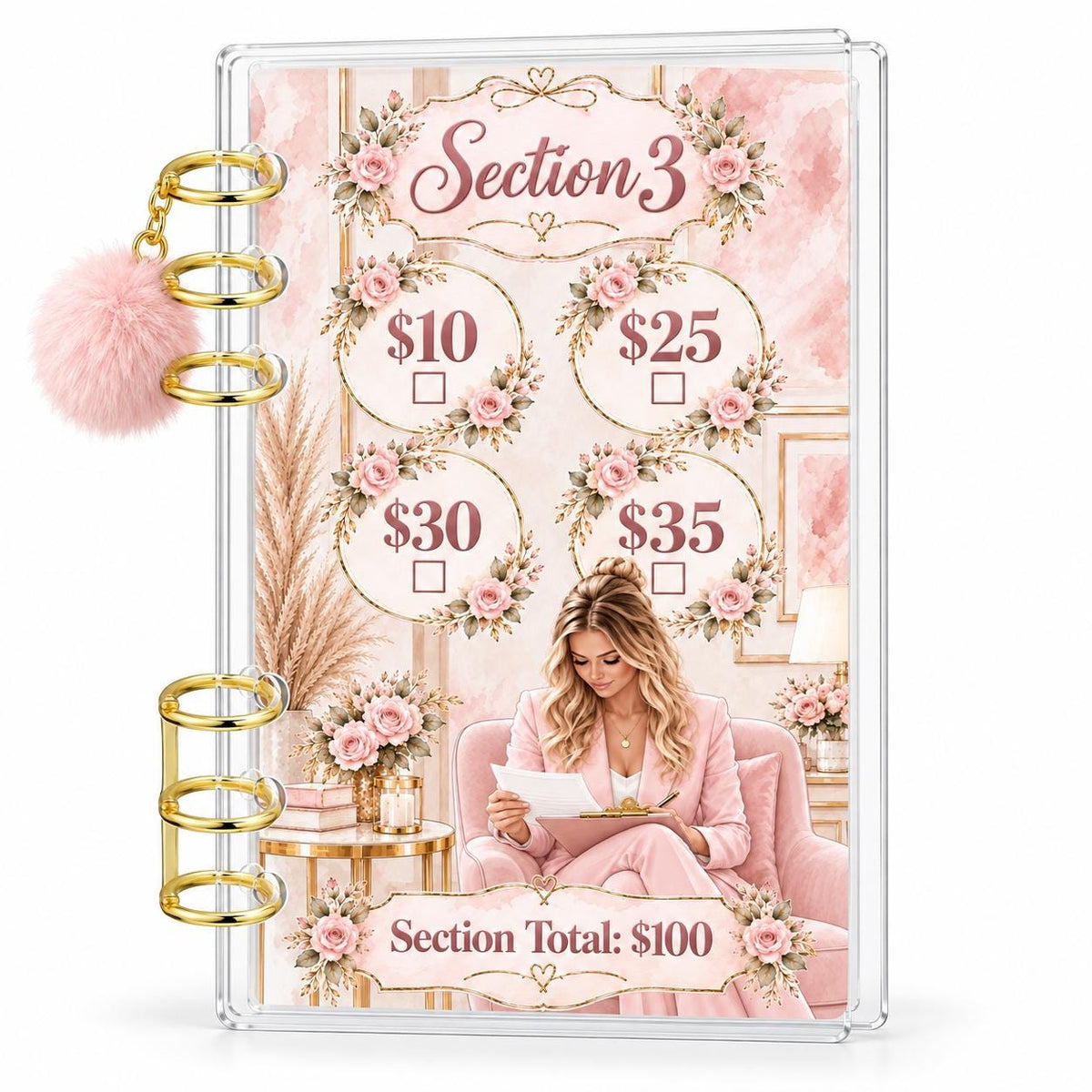 1K Savings Challenge A6 Cash Binder with Pink Pom-Pom