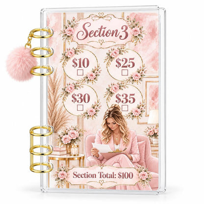 1K Savings Challenge A6 Cash Binder with Pink Pom-Pom