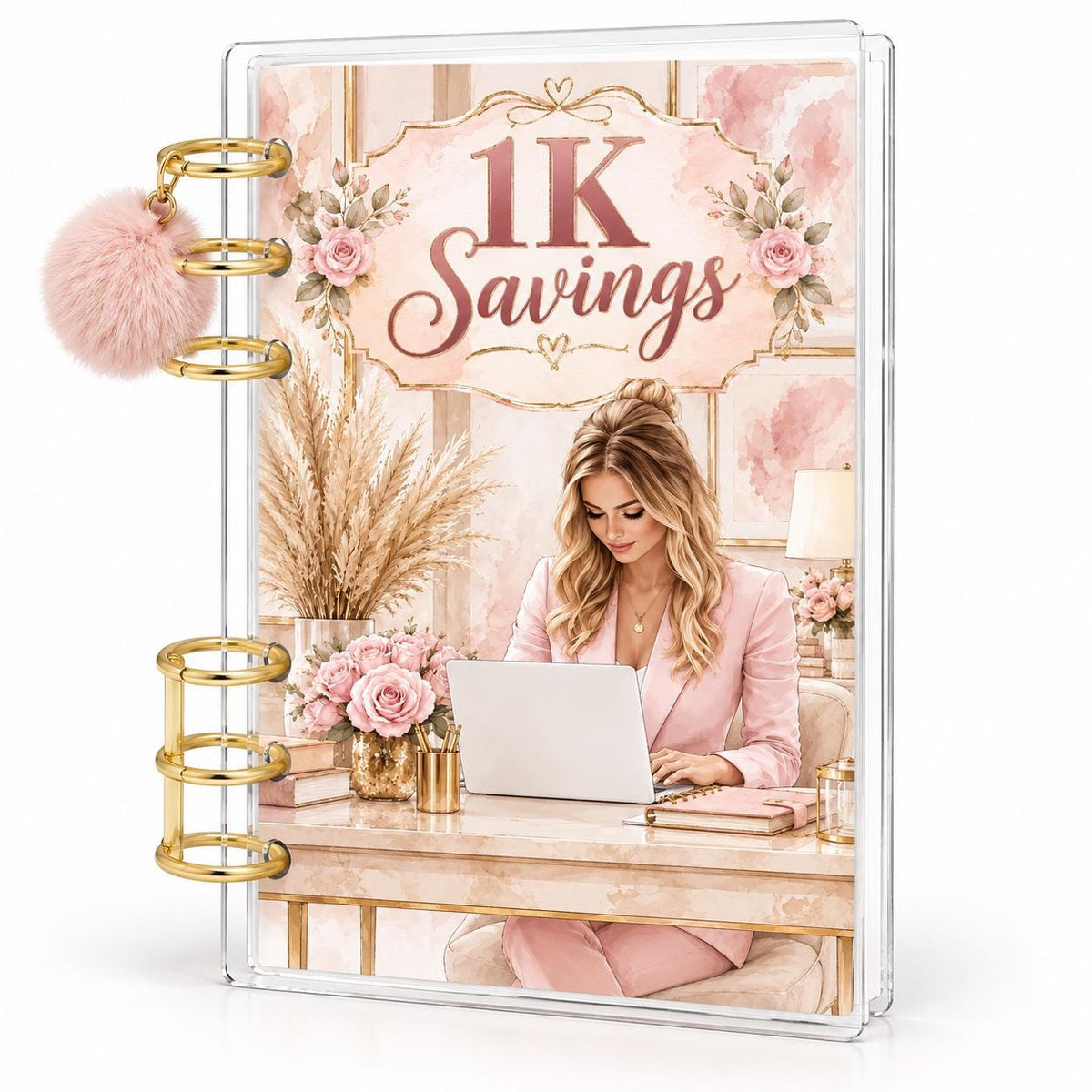 1K Savings Challenge A6 Cash Binder with Pink Pom-Pom