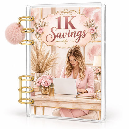 1K Savings Challenge A6 Cash Binder with Pink Pom-Pom