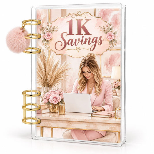 1K Savings Challenge A6 Cash Binder with Pink Pom-Pom