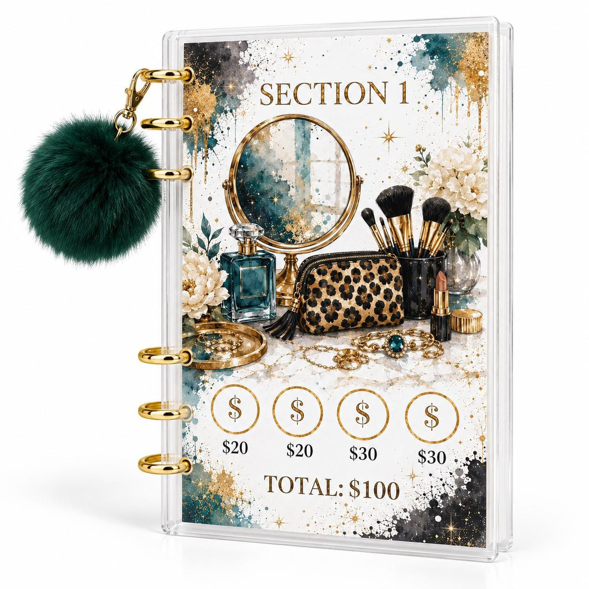 1K Savings Challenge Binder, A6 Acrylic Budget Planner, Green Pom Pom