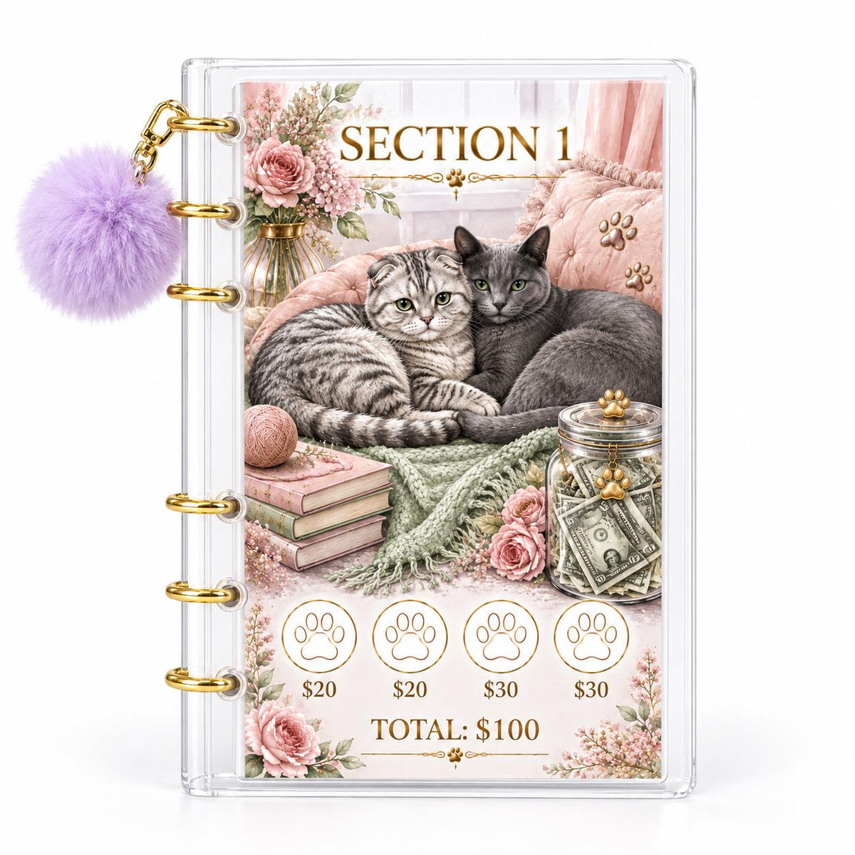 Cat 1K Savings Challenge A6 Clear Acrylic Cash Budget Binder Bundle