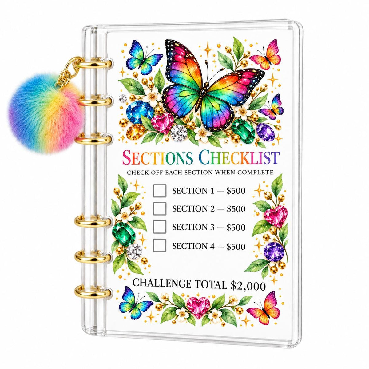 Rainbow Butterfly 2K Savings Challenge A6 Binder Bundle with Cash Envelopes