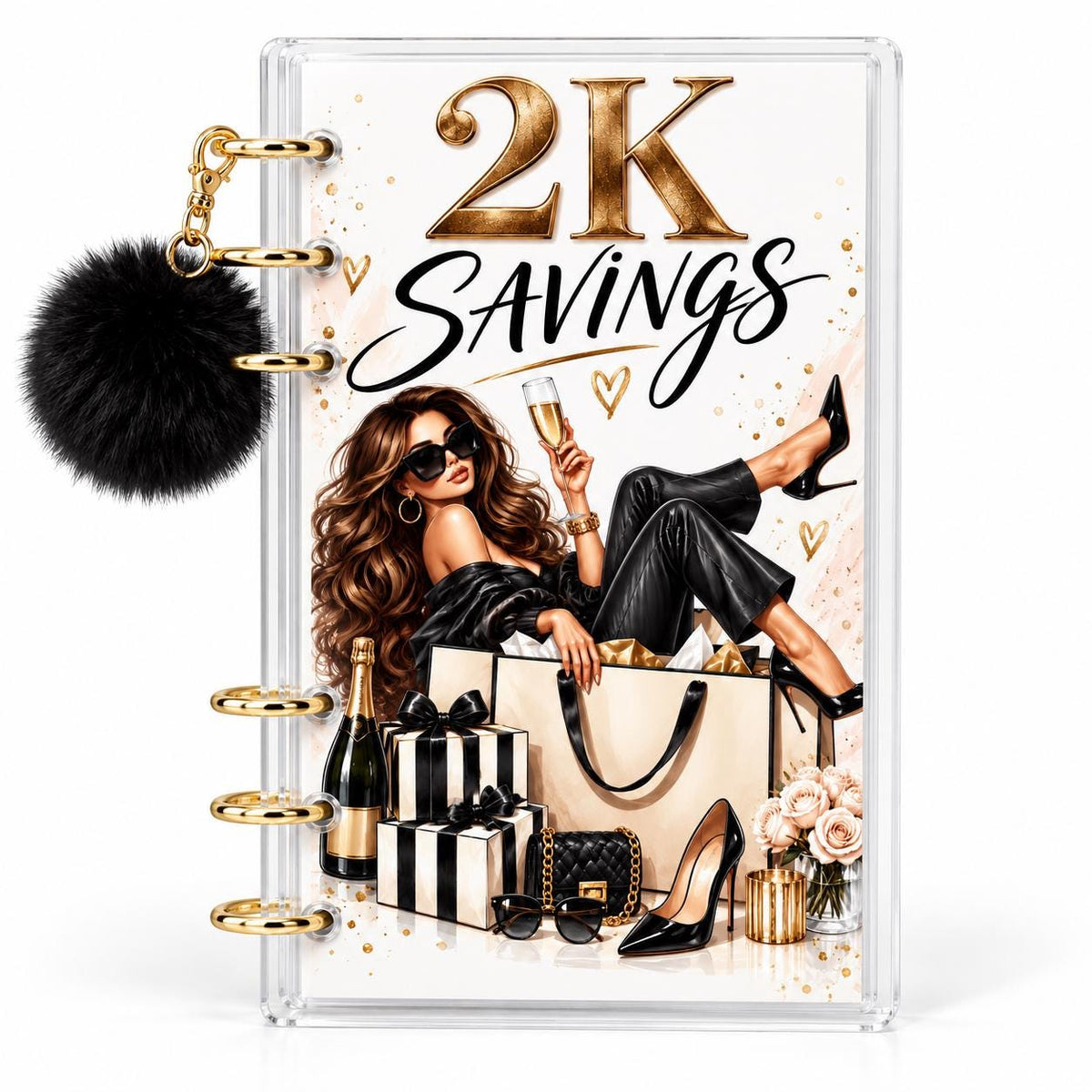 2K Savings Challenge A6 Clear Acrylic Budget Binder With Black Pom Pom