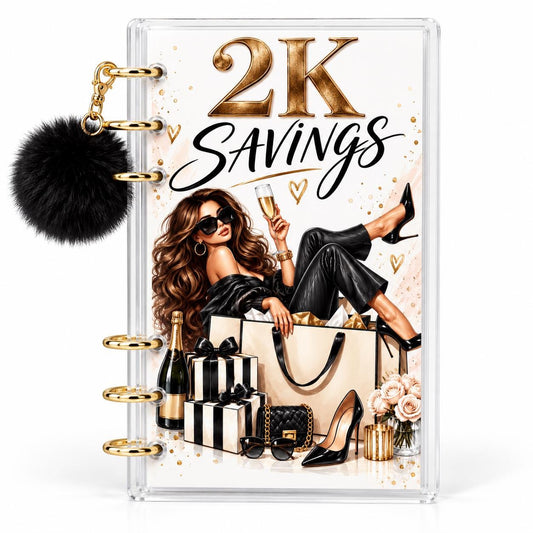 2K Savings Challenge A6 Clear Acrylic Budget Binder With Black Pom Pom