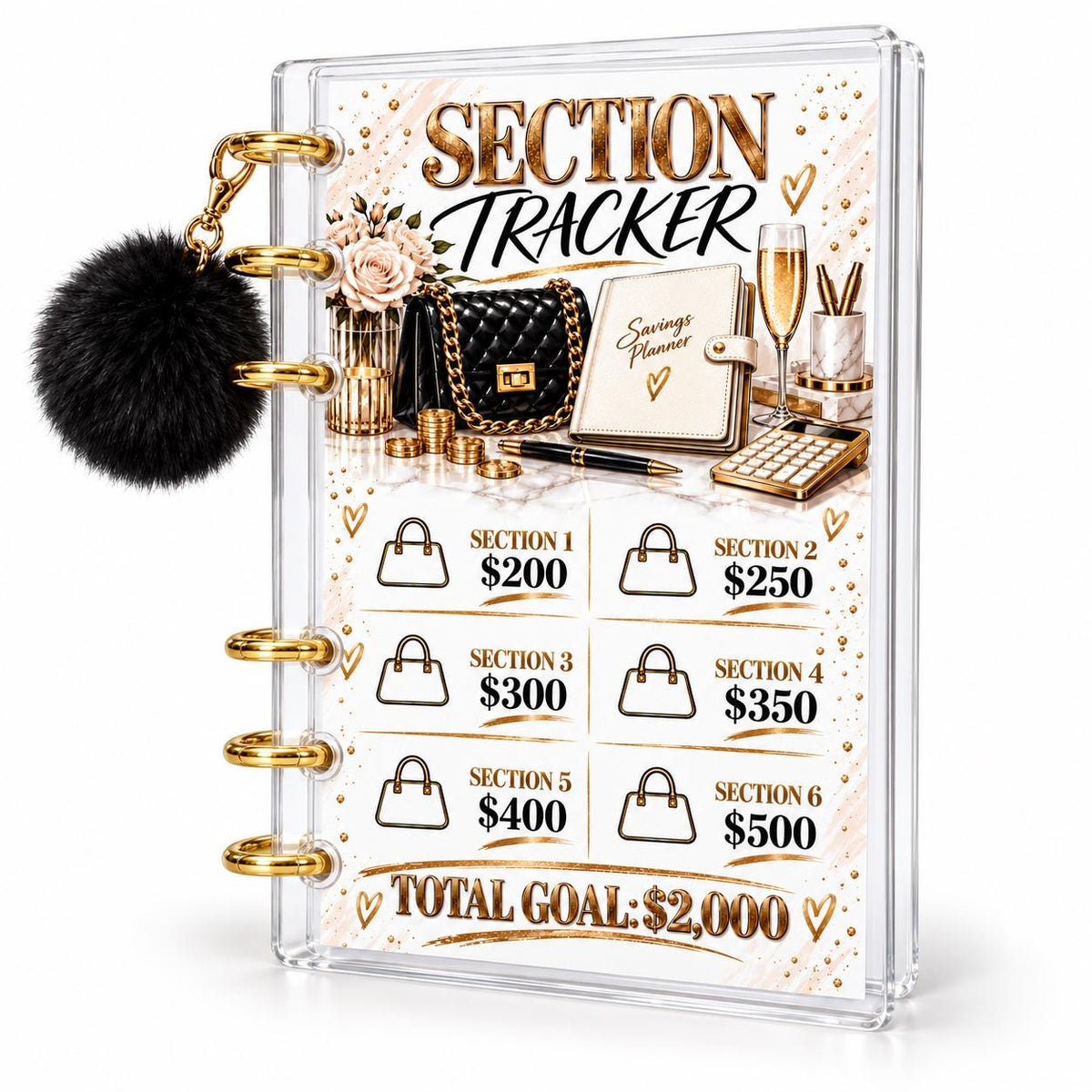 2K Savings Challenge A6 Clear Acrylic Budget Binder With Black Pom Pom