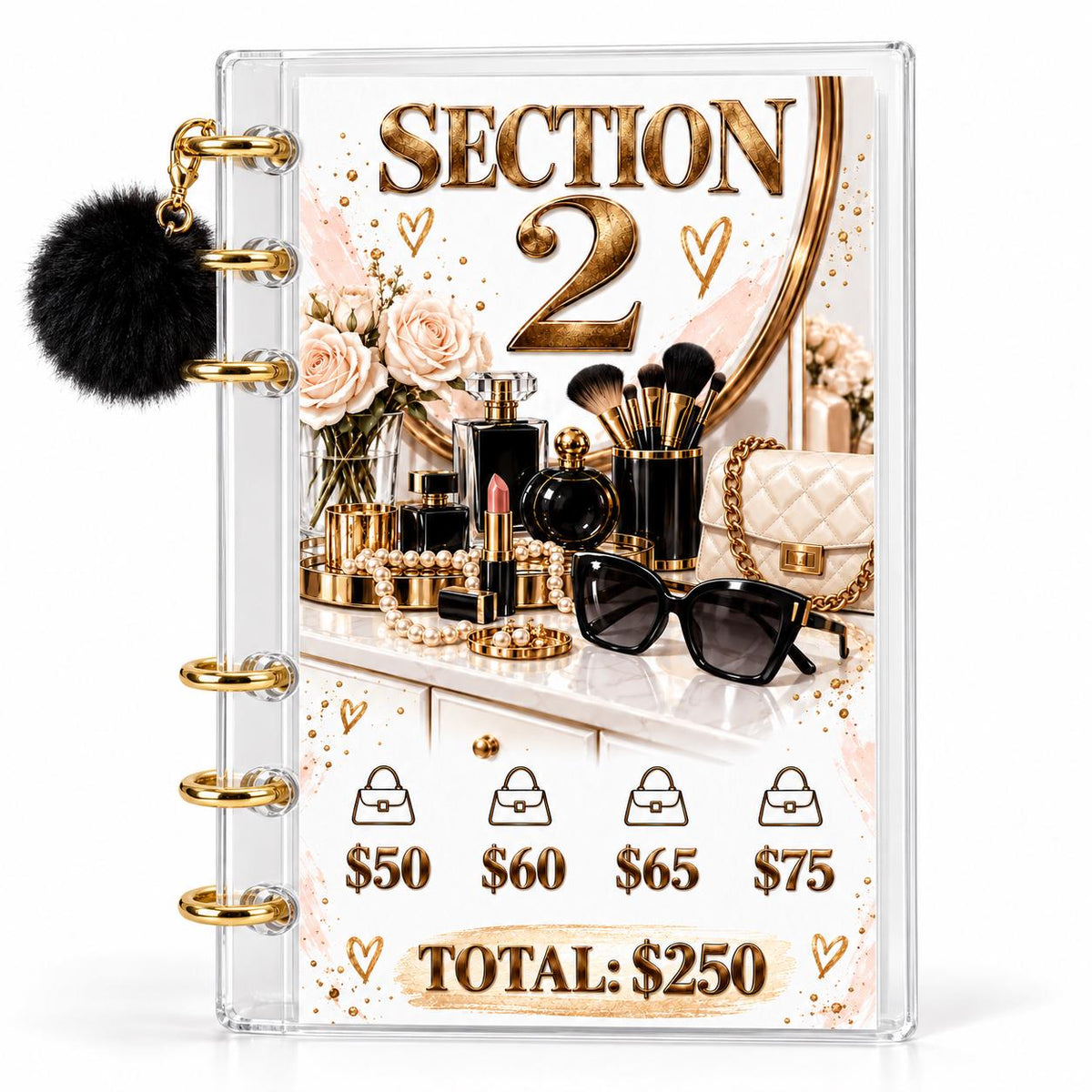 2K Savings Challenge A6 Clear Acrylic Budget Binder With Black Pom Pom