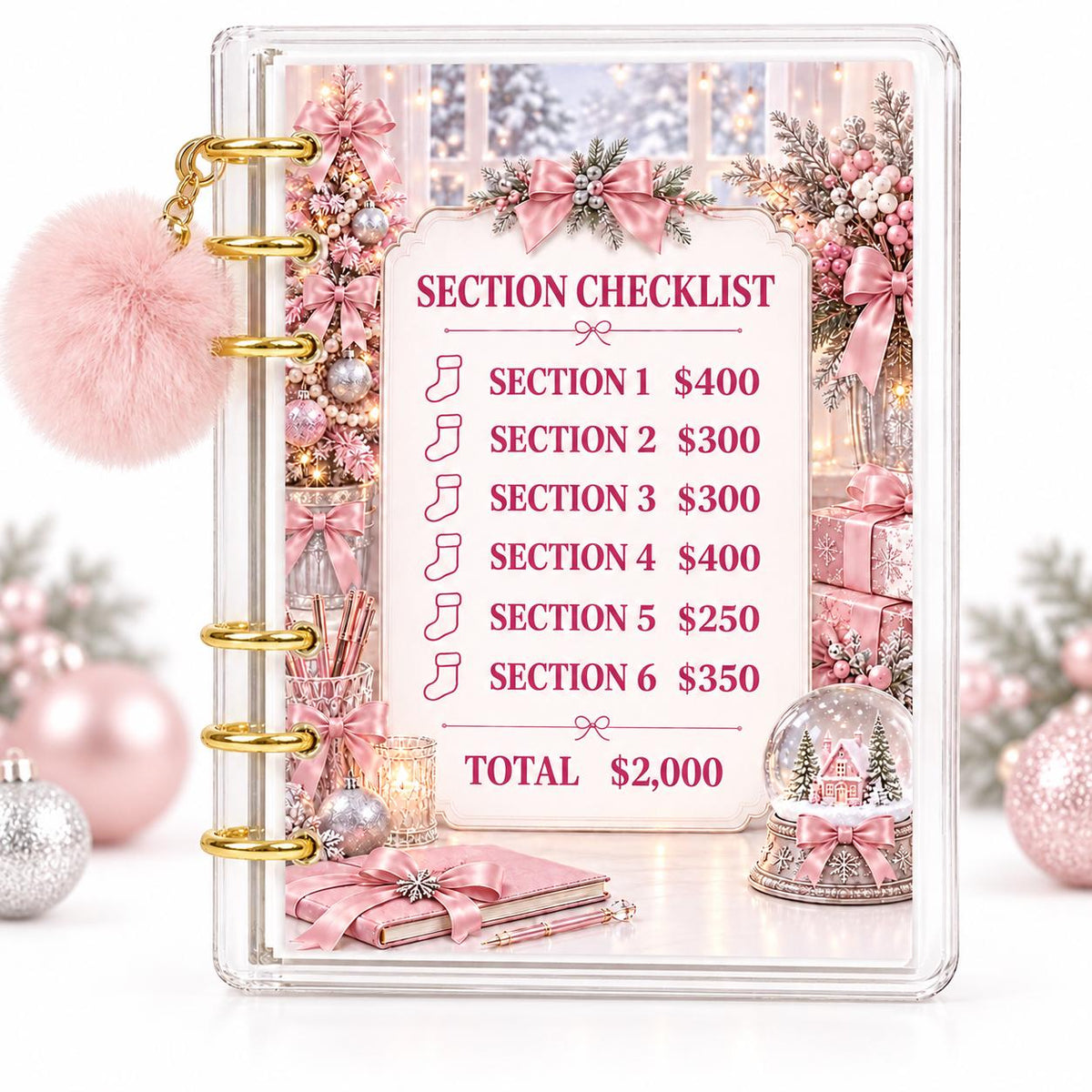 Pink Christmas 2K Savings Challenge A6 Acrylic Budget Binder With Pom Pom
