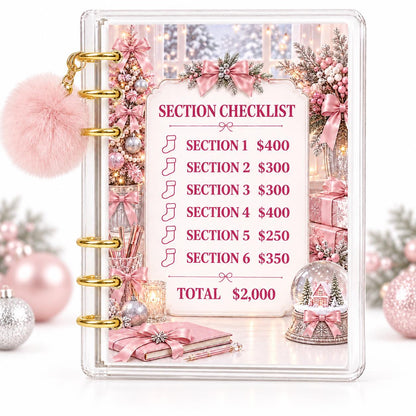 Pink Christmas 2K Savings Challenge A6 Acrylic Budget Binder With Pom Pom