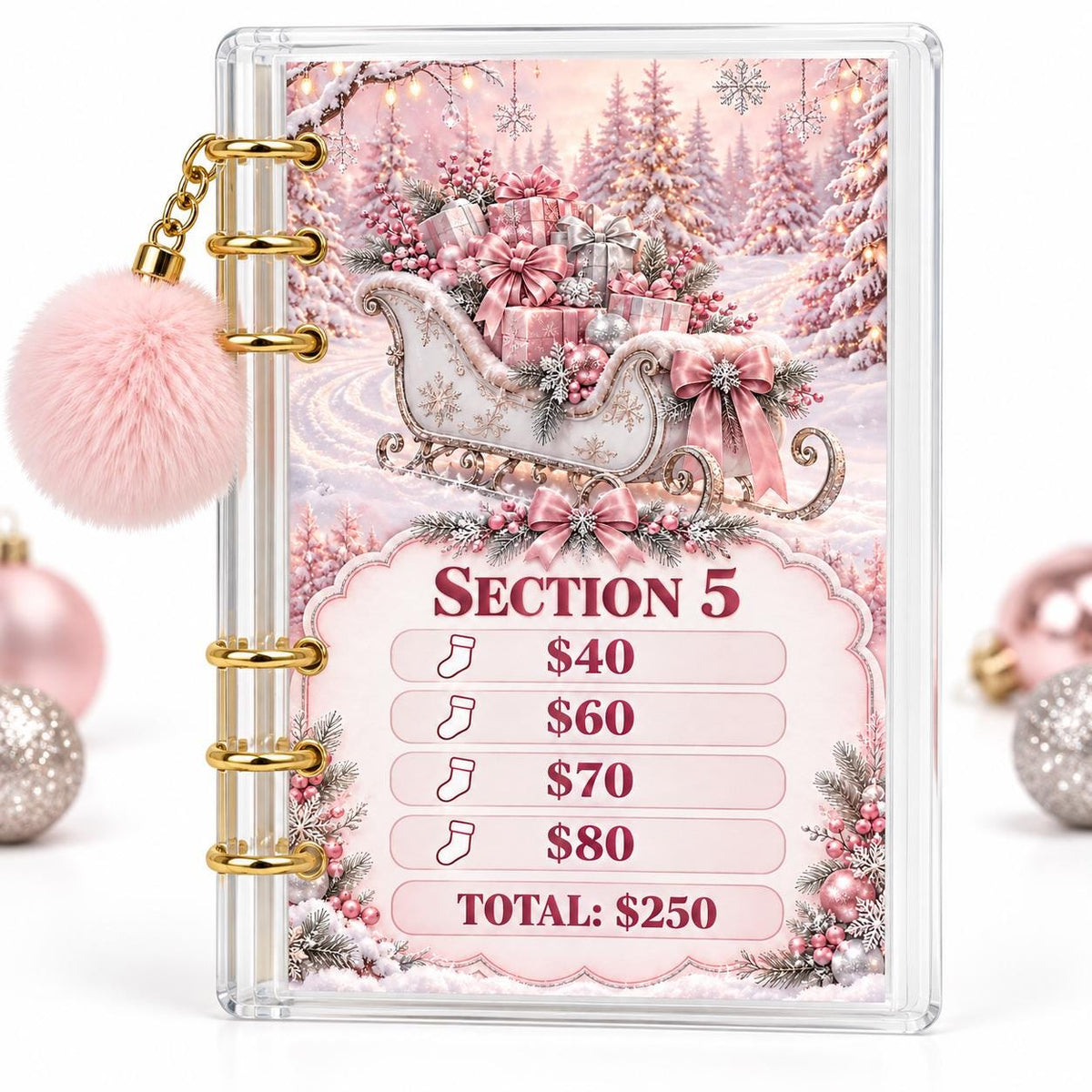 Pink Christmas 2K Savings Challenge A6 Acrylic Budget Binder With Pom Pom