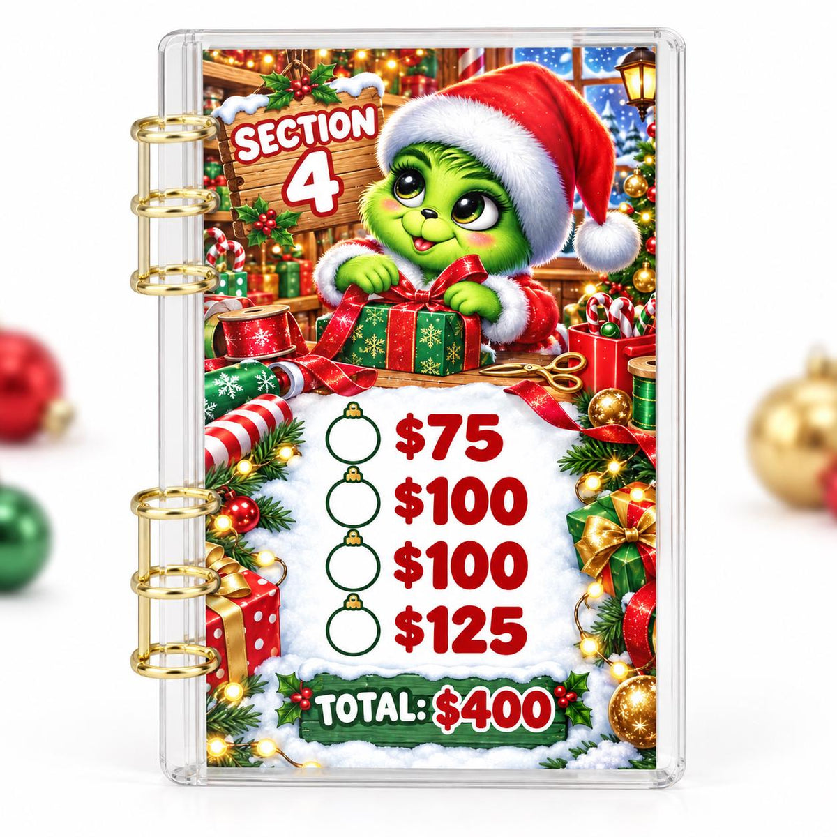 Green Christmas 2K Savings Challenge A6 Acrylic Budget Binder