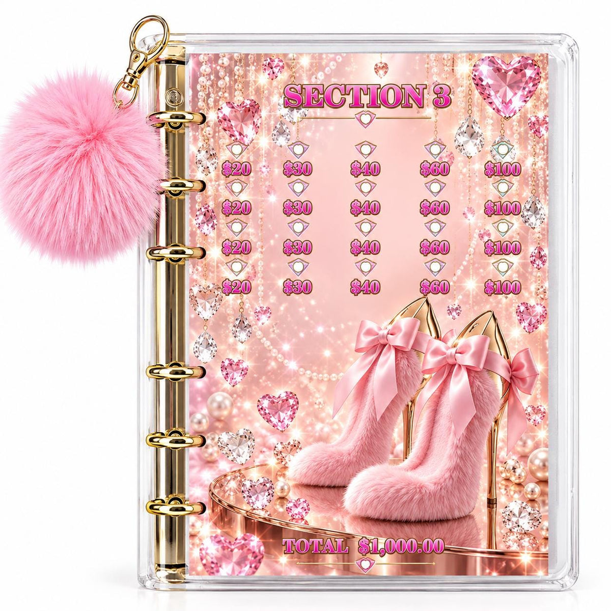 Pink Diamond Five Thousand Dollars Savings Challenge Bundle Physical Binder with Gold Rings