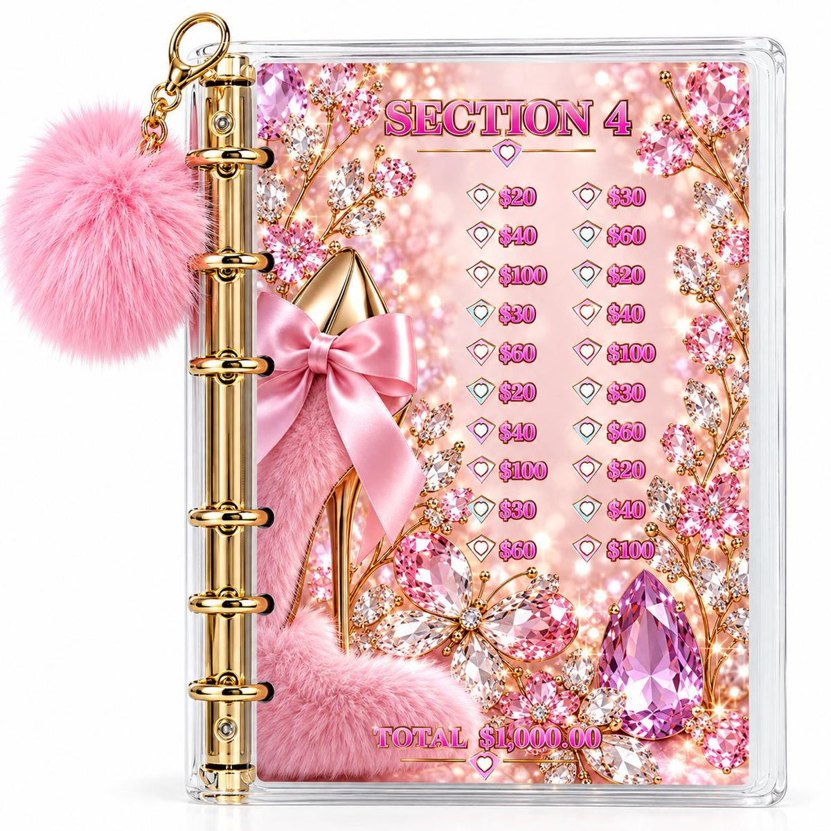 Pink Diamond Five Thousand Dollars Savings Challenge Bundle Physical Binder with Gold Rings