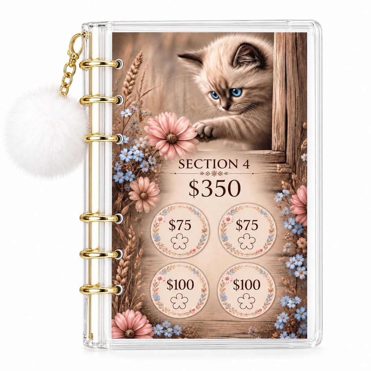 White Kitten 1K Savings Challenge A6 Acrylic Binder Budget Bundle: Physical Product for Saving 1000 Dollars