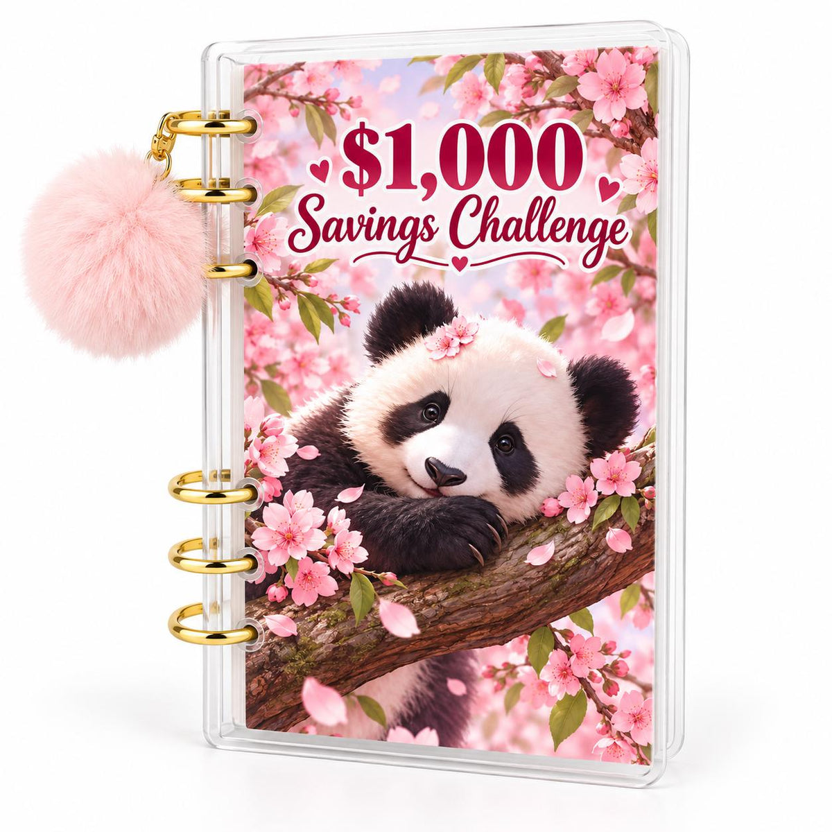 Panda 1K Savings Challenge A6 Cash Binder With Pink Pom Pom: Cherry Blossom Theme