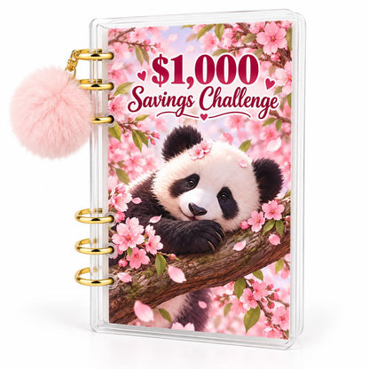 Panda 1K Savings Challenge A6 Cash Binder With Pink Pom Pom: Cherry Blossom Theme