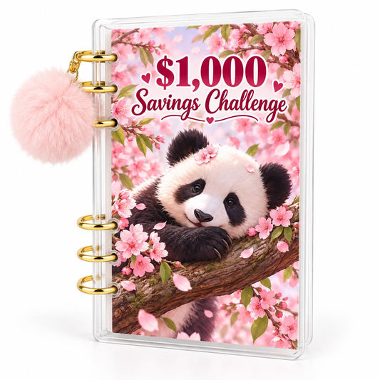 Panda 1K Savings Challenge A6 Cash Binder With Pink Pom Pom: Cherry Blossom Theme