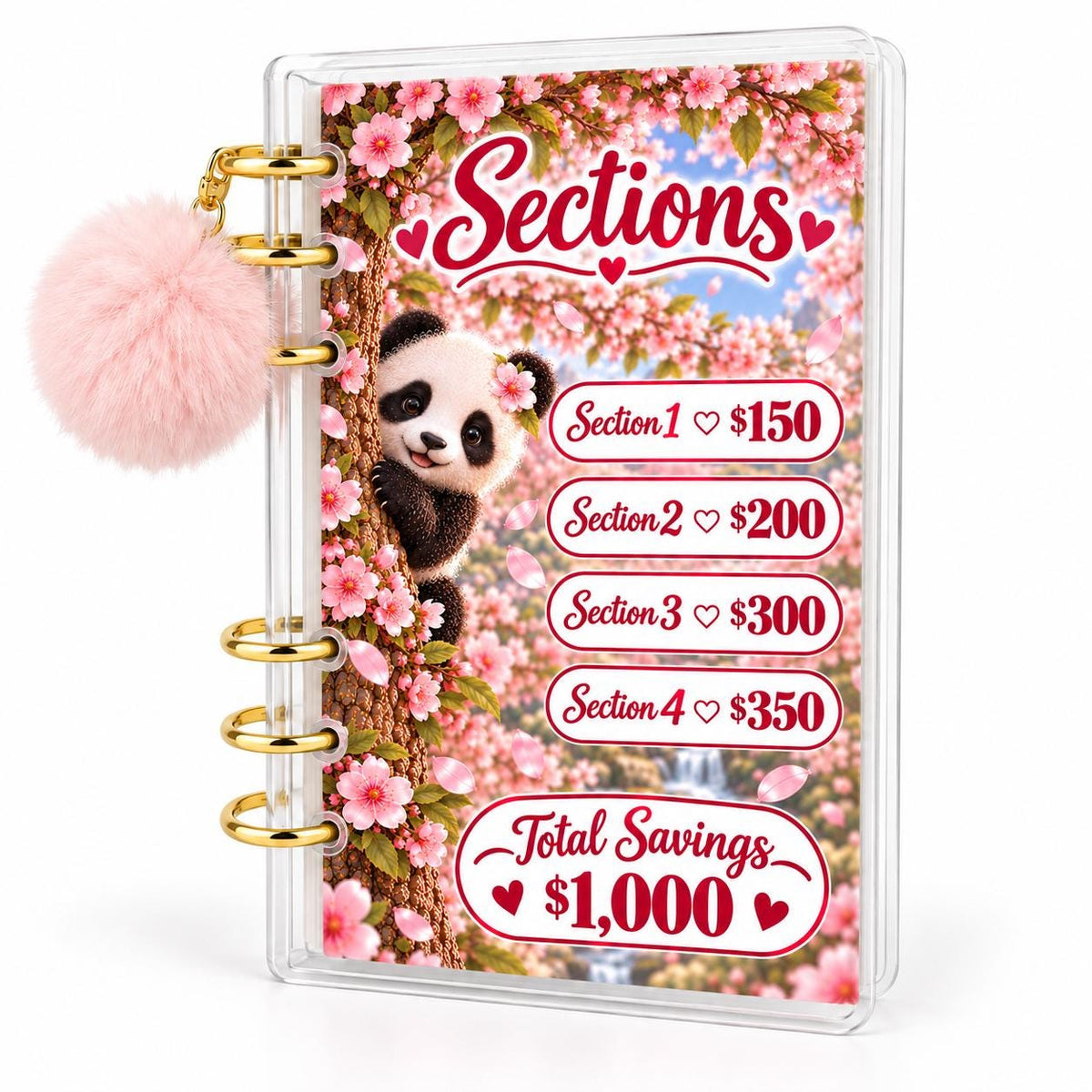 Panda 1K Savings Challenge A6 Cash Binder With Pink Pom Pom: Cherry Blossom Theme