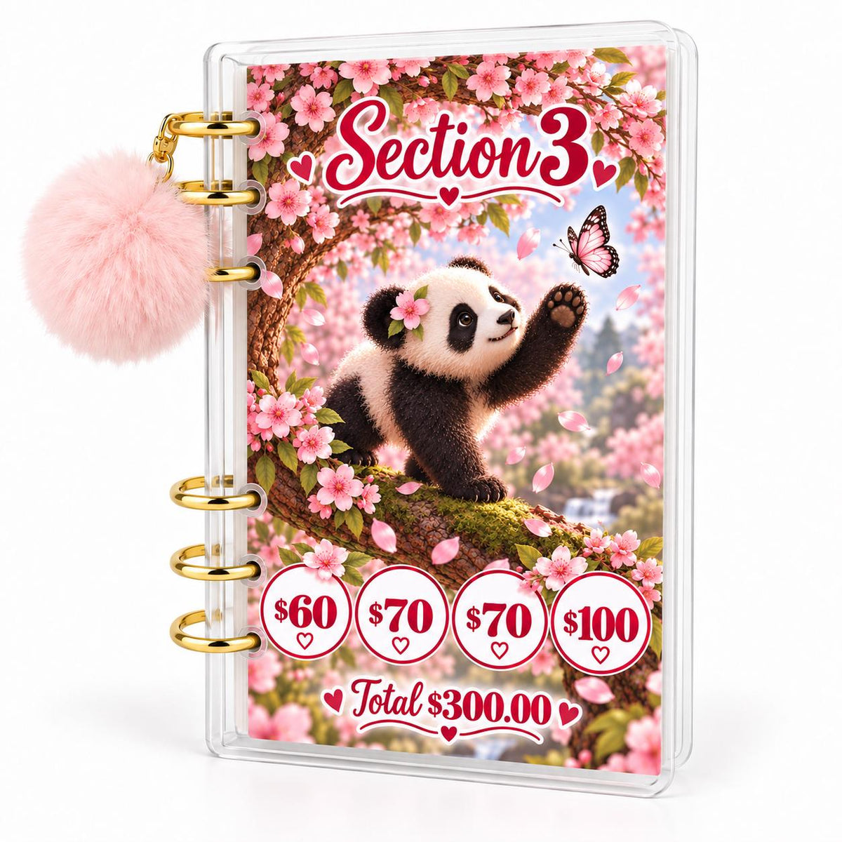 Panda 1K Savings Challenge A6 Cash Binder With Pink Pom Pom: Cherry Blossom Theme