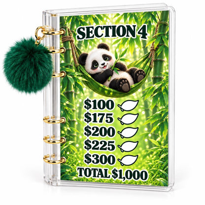 Panda 5000 Savings Challenge A6 Cash Binder with Green Pom Pom