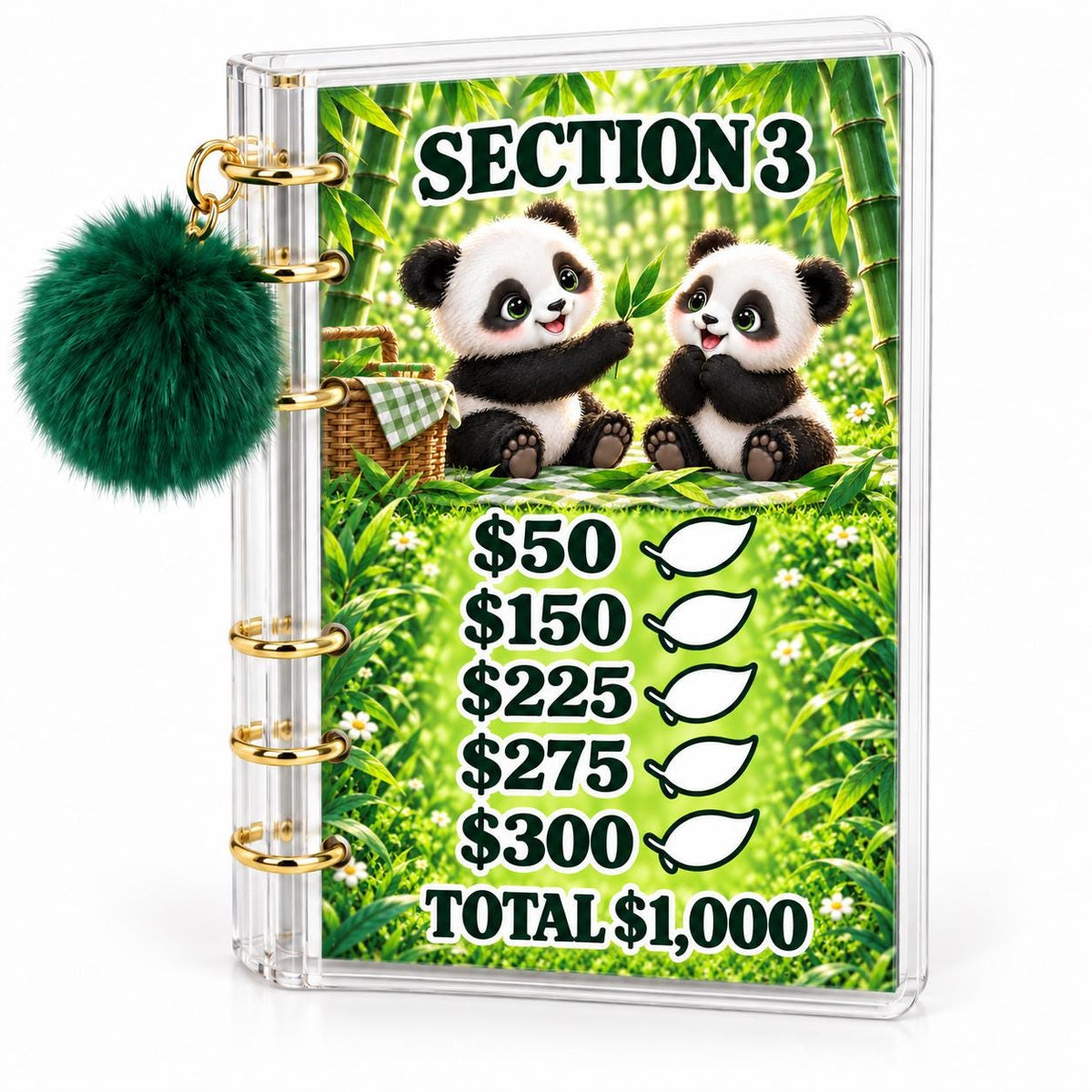 Panda 5000 Savings Challenge A6 Cash Binder with Green Pom Pom