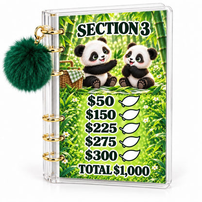 Panda 5000 Savings Challenge A6 Cash Binder with Green Pom Pom
