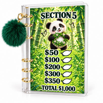 Panda 5000 Savings Challenge A6 Cash Binder with Green Pom Pom
