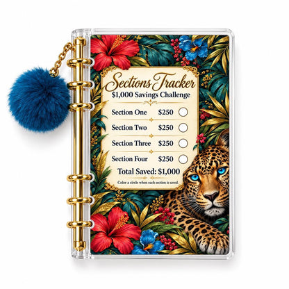 Leopard Savings Challenge Binder: A6 Acrylic with Gold Rings & Blue Pom-Pom Charm