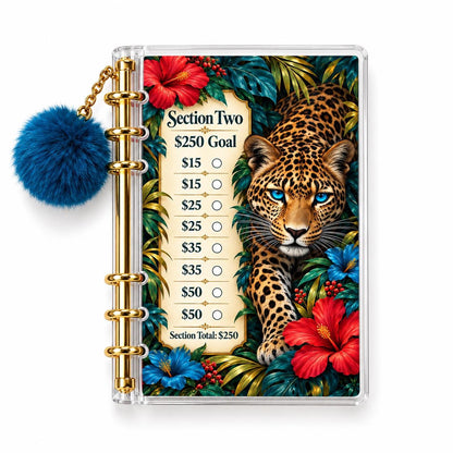 Leopard Savings Challenge Binder: A6 Acrylic with Gold Rings & Blue Pom-Pom Charm