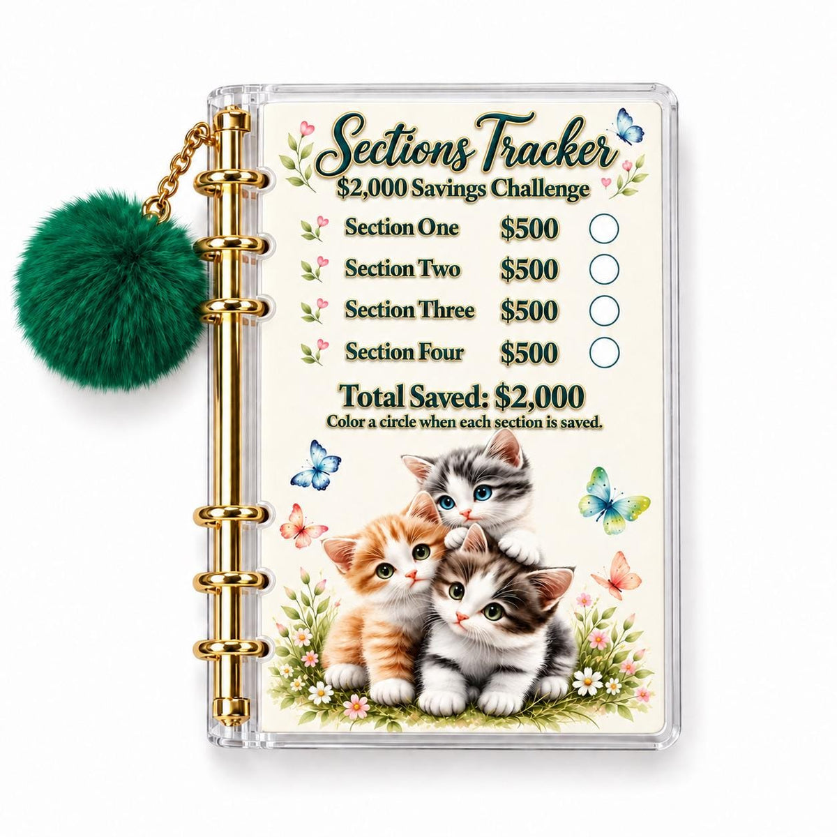 Kitten 2000 Savings Challenge A6 Binder Bundle Butterfly Cash Stuffing Tracker