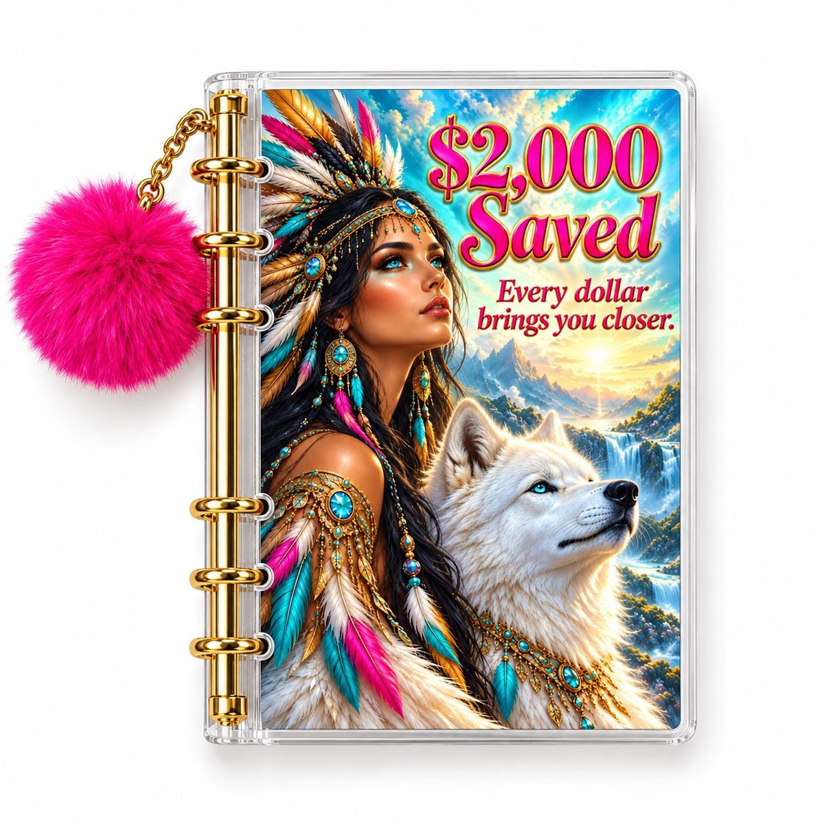 Wolf 2K Savings Challenge A6 Clear Acrylic Binder Bundle with Fuchsia Pom Pom