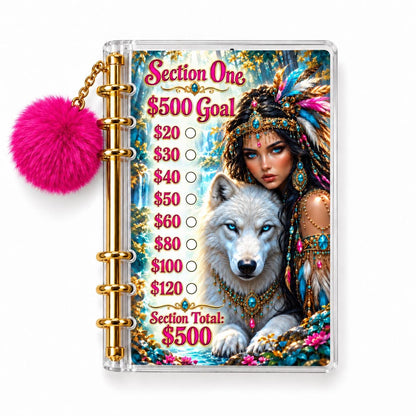 Wolf 2K Savings Challenge A6 Clear Acrylic Binder Bundle with Fuchsia Pom Pom