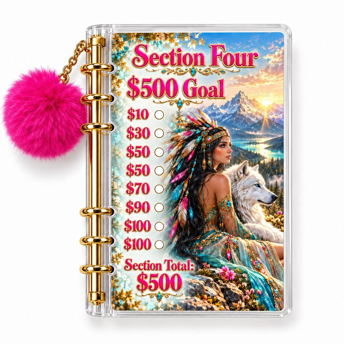 Wolf 2K Savings Challenge A6 Clear Acrylic Binder Bundle with Fuchsia Pom Pom