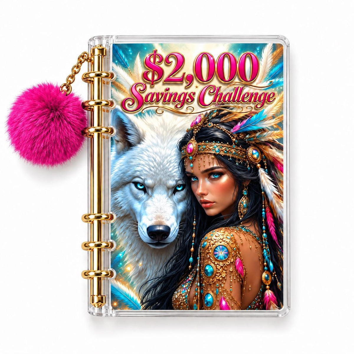 Wolf 2K Savings Challenge A6 Clear Acrylic Binder Bundle with Fuchsia Pom Pom